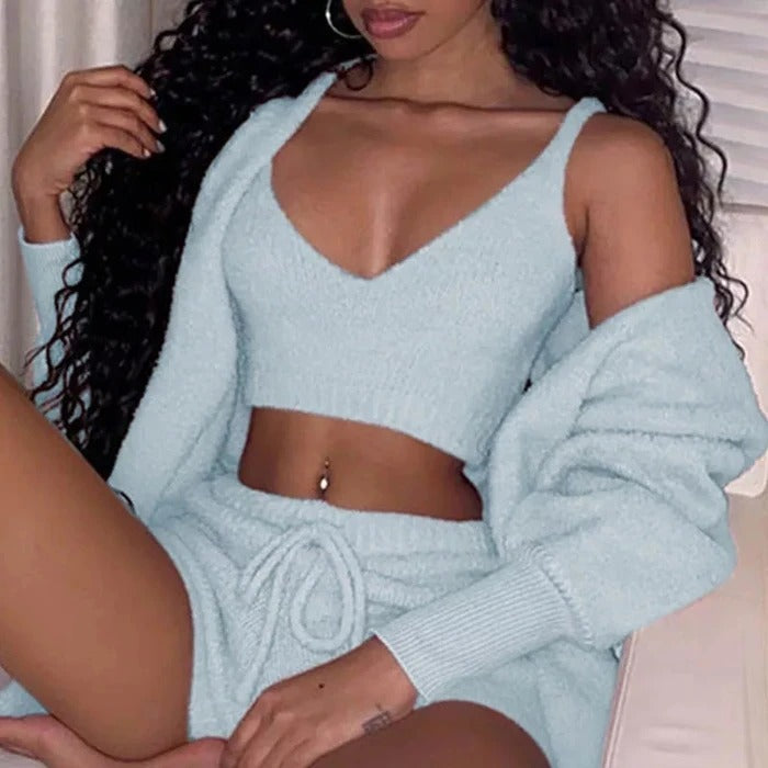 (New Arrival) 3pcs Womens Clothing Long Sleeve Crop Tank Top And Drawstring Shorts Pajama Set