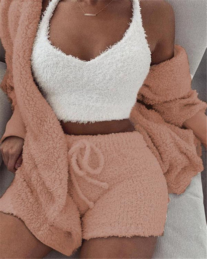 (New Arrival) 3pcs Womens Clothing Long Sleeve Crop Tank Top And Drawstring Shorts Pajama Set
