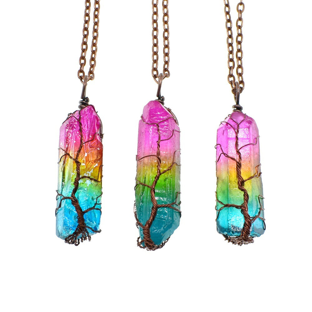 (New Arrival) Hot Selling Stone Crystal Pillar Tree Of Life Pendant Ins Fashion Necklace