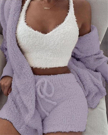 (New Arrival) 3pcs Womens Clothing Long Sleeve Crop Tank Top And Drawstring Shorts Pajama Set