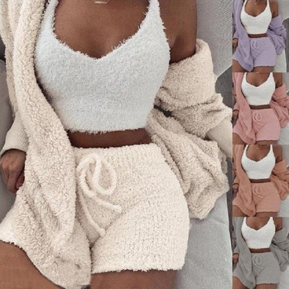(New Arrival) 3pcs Womens Clothing Long Sleeve Crop Tank Top And Drawstring Shorts Pajama Set