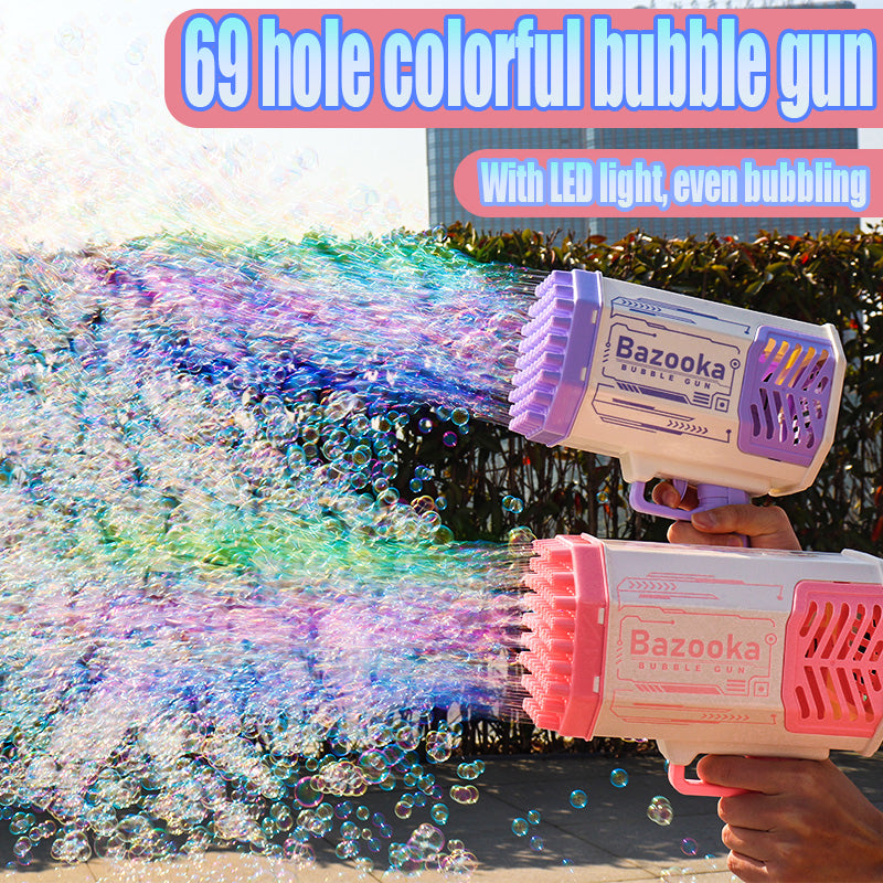 (Top Pick) Bubble Gun Rocket 69 Holes Soap Bubbles Machine Gun Shape Automatic Blower With Light Toys For Kids Pomperos