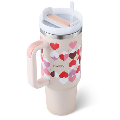 (Top Pick) 40 Oz Tumbler With Handle Straw Insulated, Stainless Steel Spill Proof Vacuum Coffee Cup Tumbler With Lid Tapered Mug Gifts For Valentine Lover Suitable For Car Gym Office Travel