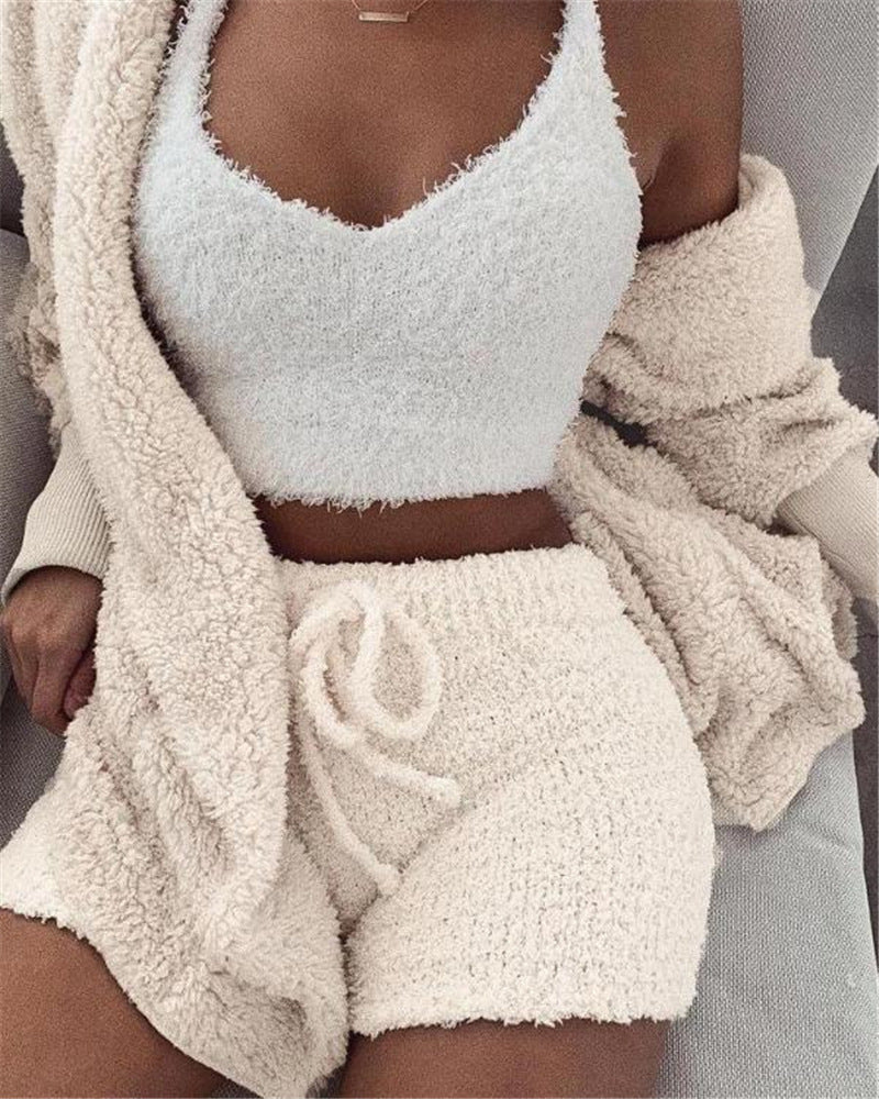 (New Arrival) 3pcs Womens Clothing Long Sleeve Crop Tank Top And Drawstring Shorts Pajama Set