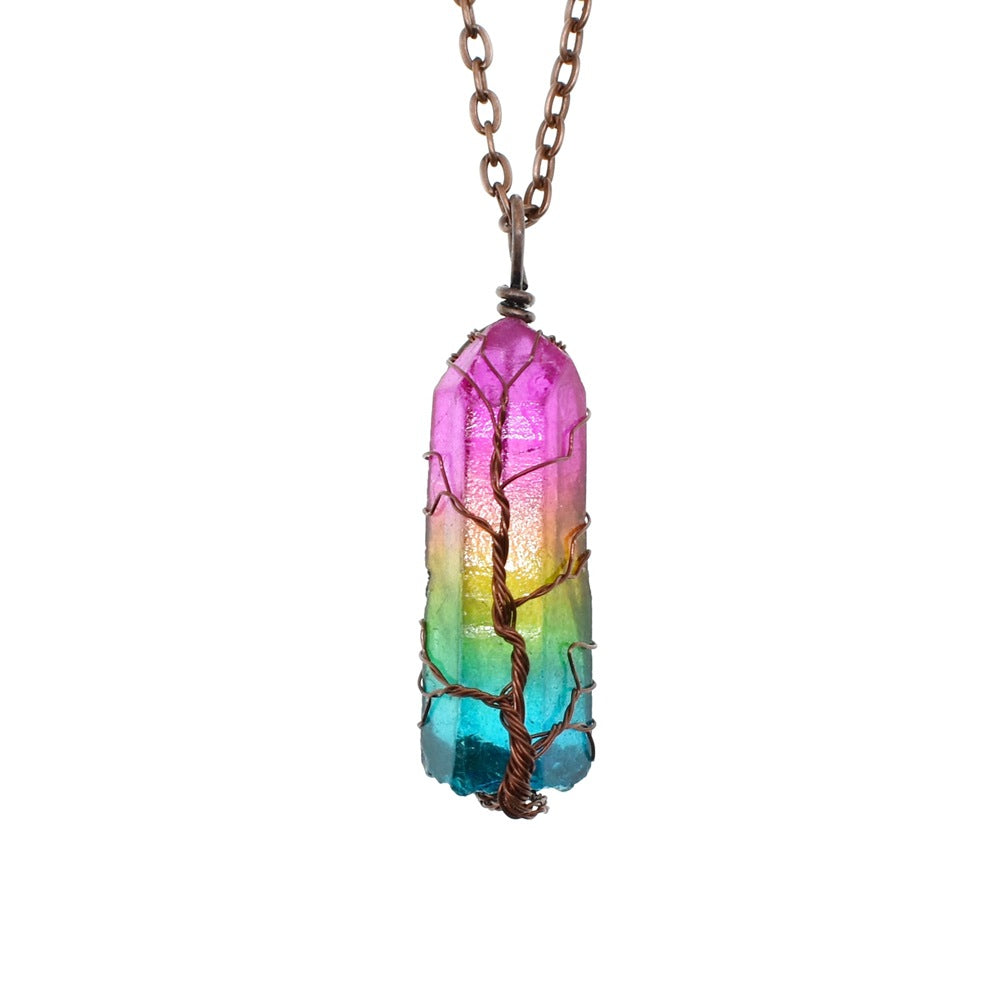 (New Arrival) Hot Selling Stone Crystal Pillar Tree Of Life Pendant Ins Fashion Necklace