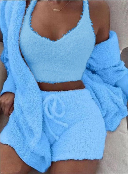 (New Arrival) 3pcs Womens Clothing Long Sleeve Crop Tank Top And Drawstring Shorts Pajama Set