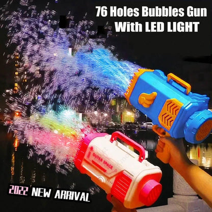 (Top Pick) Bubble Gun Rocket 69 Holes Soap Bubbles Machine Gun Shape Automatic Blower With Light Toys For Kids Pomperos