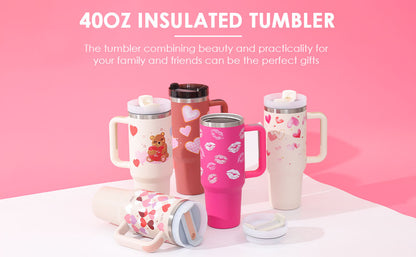 (Top Pick) 40 Oz Tumbler With Handle Straw Insulated, Stainless Steel Spill Proof Vacuum Coffee Cup Tumbler With Lid Tapered Mug Gifts For Valentine Lover Suitable For Car Gym Office Travel