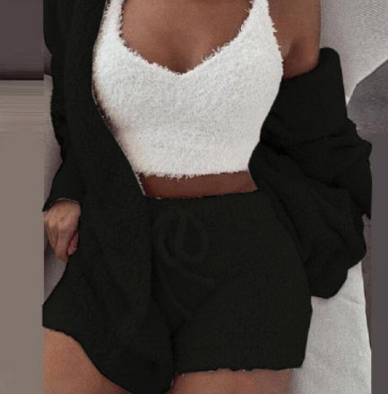 (New Arrival) 3pcs Womens Clothing Long Sleeve Crop Tank Top And Drawstring Shorts Pajama Set