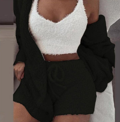 (New Arrival) 3pcs Womens Clothing Long Sleeve Crop Tank Top And Drawstring Shorts Pajama Set