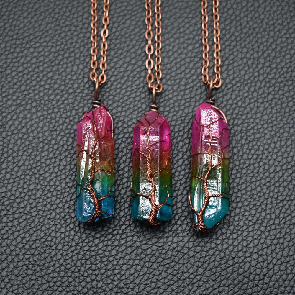 (New Arrival) Hot Selling Stone Crystal Pillar Tree Of Life Pendant Ins Fashion Necklace