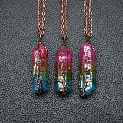 (New Arrival) Hot Selling Stone Crystal Pillar Tree Of Life Pendant Ins Fashion Necklace