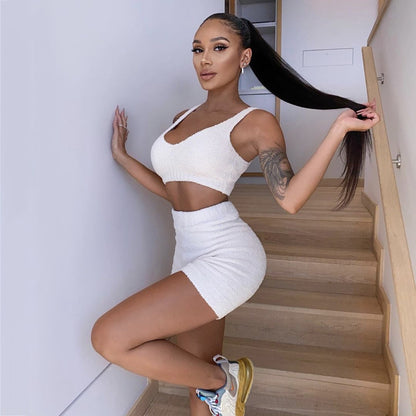 (New Arrival) 3pcs Womens Clothing Long Sleeve Crop Tank Top And Drawstring Shorts Pajama Set