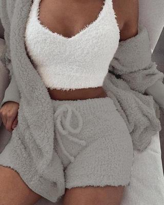 (New Arrival) 3pcs Womens Clothing Long Sleeve Crop Tank Top And Drawstring Shorts Pajama Set
