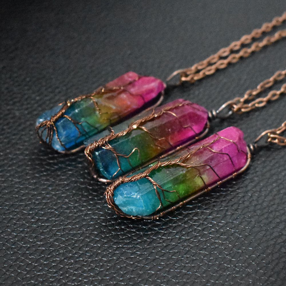 (New Arrival) Hot Selling Stone Crystal Pillar Tree Of Life Pendant Ins Fashion Necklace