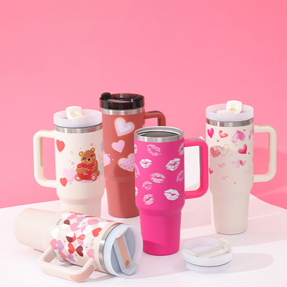 (Top Pick) 40 Oz Tumbler With Handle Straw Insulated, Stainless Steel Spill Proof Vacuum Coffee Cup Tumbler With Lid Tapered Mug Gifts For Valentine Lover Suitable For Car Gym Office Travel