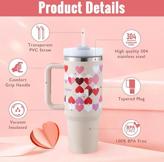 (Top Pick) 40 Oz Tumbler With Handle Straw Insulated, Stainless Steel Spill Proof Vacuum Coffee Cup Tumbler With Lid Tapered Mug Gifts For Valentine Lover Suitable For Car Gym Office Travel